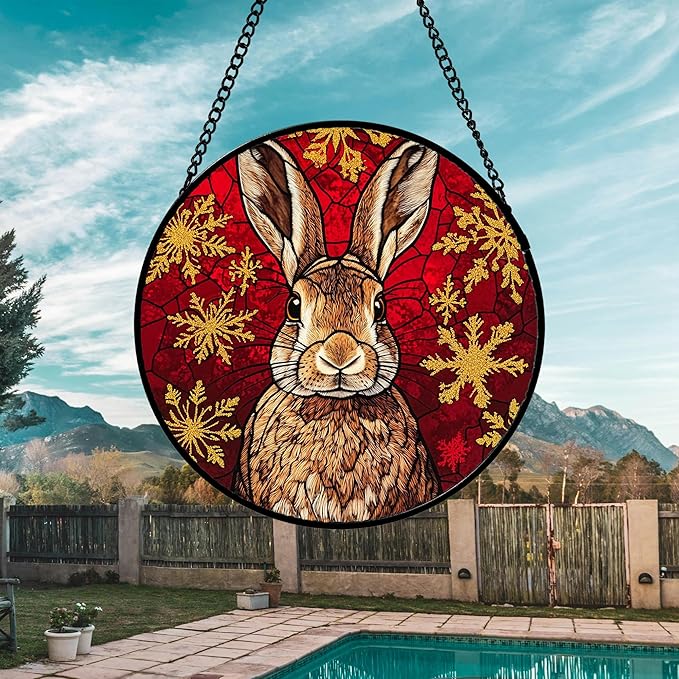 Stained Glass Window Hanging 4 Pcs Set Red Golden Snowflakes 7.8" - Christmas Elk Rabbit Suncatcher Door Garden Sun Catcher Decor Birthday for Mom Woman Nana Men