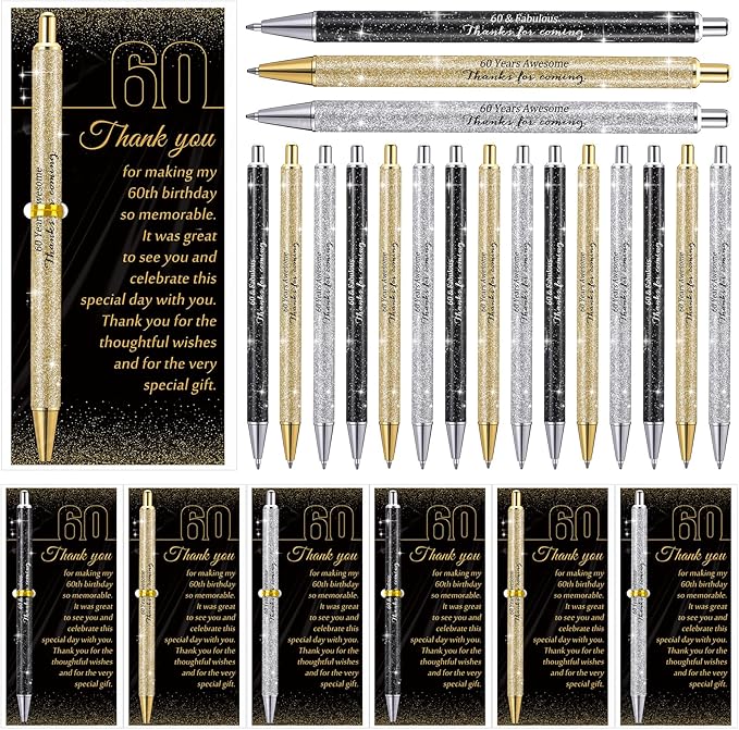 24 Set 60th Birthday Party Favor for Guests Anniversary Appreciation Gifts Birthday Glitter Ballpoint Pen and Thank You Cards for Women Men Years Party Favor Decoration Supplies