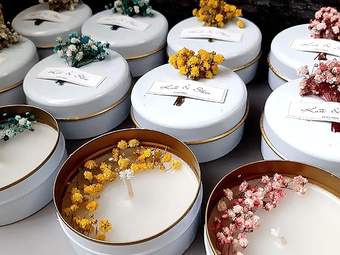 Personalized Natural Soy Wax Wedding Favor Candle Gift Set for Guest - Fall Winter Christmas Custom Dried Flower Bridal Baby Shower Gifts in Bulk (50 Pieces, Pink Flower)