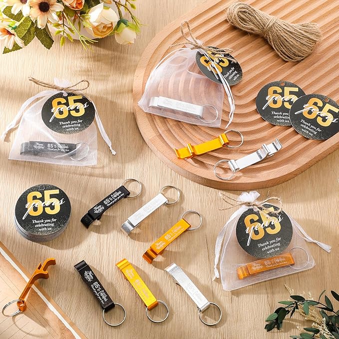 Dandat 54 Sets 65th Birthday Party Favors for Guests Birthday Beer Opener Keychain Cheers to 65 Bottle Opener Keychain with Thank You Cards and Gift Bags for Anniversary Wedding Party Favors