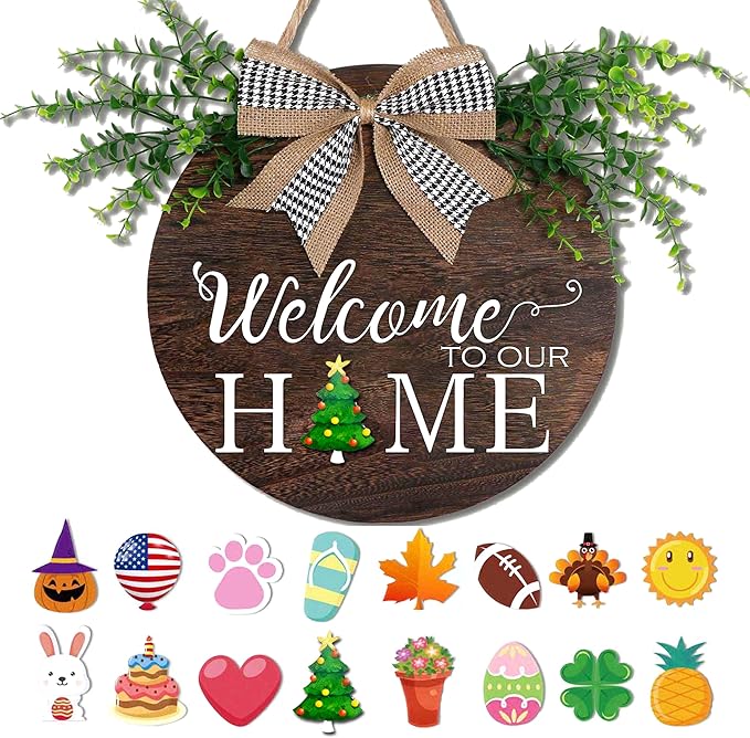 Interchangeable Welcome to Our Home Sign, Equipped with 16 Replaceable Icons, Farmhouse Front Door Signs Wooden Wreath Suitable for All Seasons Holiday Halloween Christmas (12x12 Inch)