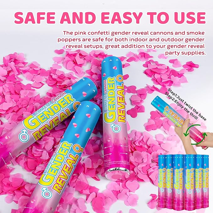 Gender Reveal Confetti Cannons – 6 Pack Pink Party Poppers – Baby Girl Gender Reveal Cannon Kit with Heart-Shaped Confetti – Easy Twist Shooters for Baby Reveal Party Decorations (Pink)