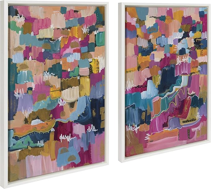 Kate and Laurel Sylvie Applause Framed Canvas Wall Art Set by Leah Nadeau, Set of 2, 23x33 White, Multicolored Abstract Art Collection for Wall