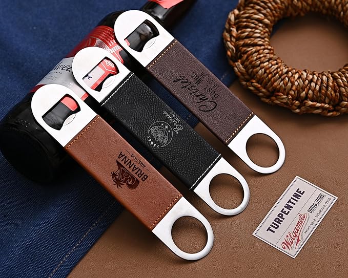 Personalized leather bottle opener. Wedding favors, anniversary souvenirs, Father's Day gifts