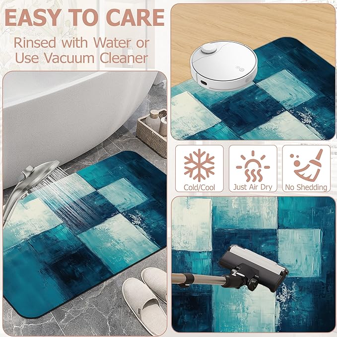Diatomaceous Earth Bath Mat,Art Painting Bath Rugs,Grey Blue Non-Slip Thin Absorbent Fast Drying Easy to Clean for Bathroom Laundry Home Kitchen Door Mat 17x29.5Inch