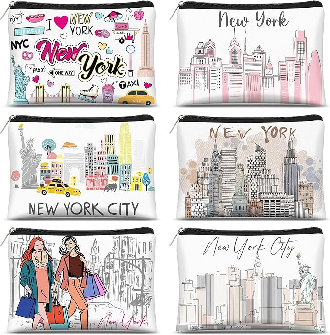 Reginary 6 Pcs City Cosmetic Bag Souvenir Gifts New York Zipper Pouch Chicago Souvenir Seattle Boston Nashville London Paris Italy Alaska Gifts Memento for Women Traveler(New York)