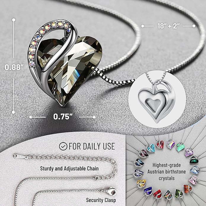 Leafael Valentine's Day Gift Necklaces for Women, Infinity Love Birthstone Heart Crystal Pendant, Birthday Anniversary Jewelry for Wife, Mom, and Her, Silver Plated, 18" + 2" Adjustable Chain