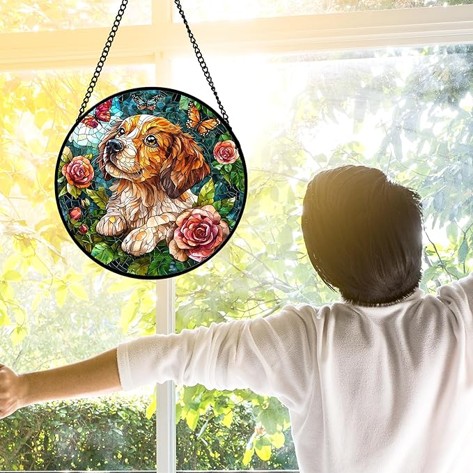 Stained Glass Window Hanging, Dog and Rose Suncatcher for Doors Home Butterfly Sun Catchers Decoration and Christmas, Mother's Day Birthday Gifts for Women, Men, and Mom 9.8 in