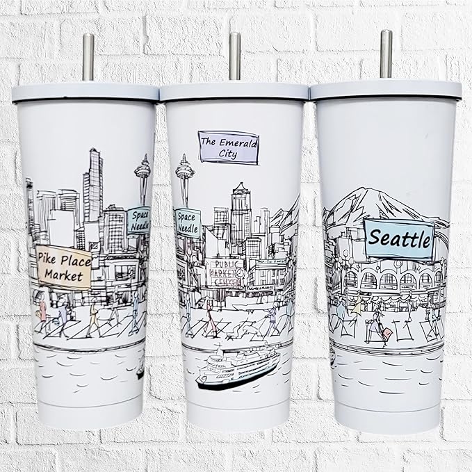 Cities Around the World 25 Oz Tumbler Series- Designed in the USA- Vacuum Insulated Tumbler with Lids Straw - Stainless Steel Coffee Water Travel Mug, Cup for Hot Cold Drink (Seattle)