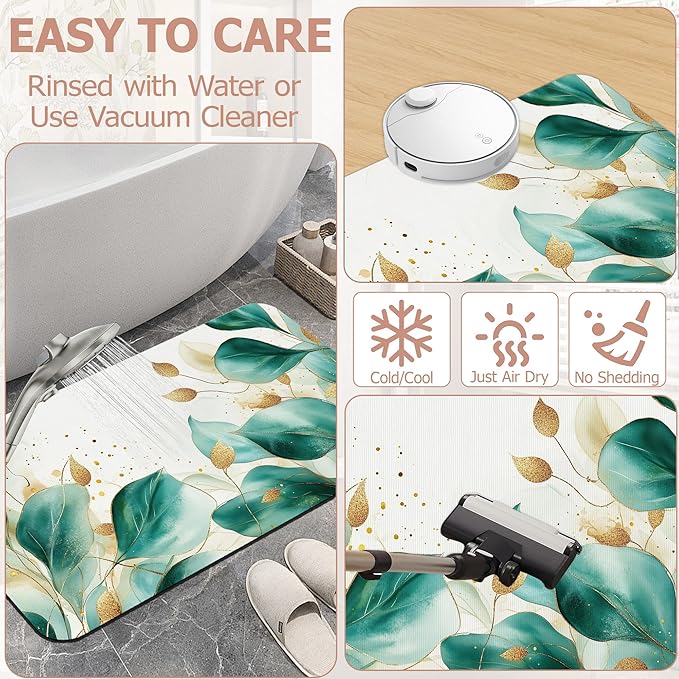 Eucalyptus Gree Bathroom Rugs,Bath Mats for Bathroom,Gold Foil Low Pile Absorbent Bath Mat,Rubber Backing Non Slip Washable Thin Quick Dry Door Mat 17x29.5 Inch