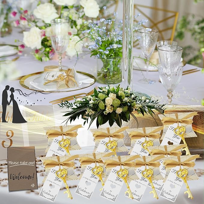 Aokbean 50 pcs Vintage Skeleton LOVE Key Bottle Openers Pillow Candy Box Escort Thank You Tag French Ribbon Wedding Souvenir Gift for Guest (Gold)