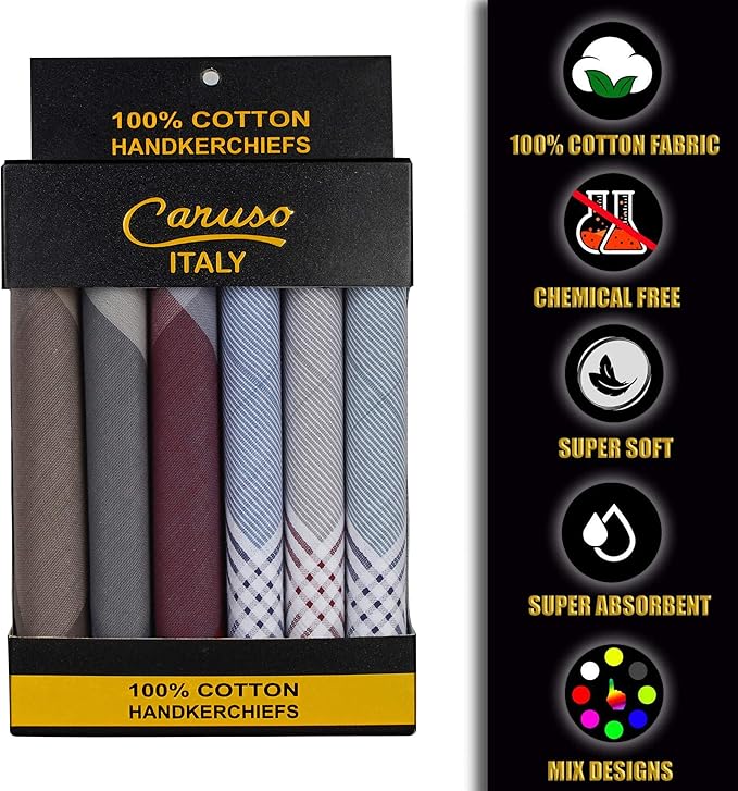 Caruso Italy 100% Cotton Men's Italia Handkerchief | Luxurious, Soft, and Ultra-Absorbent Handkerchief For Men | 50cm X 50cm