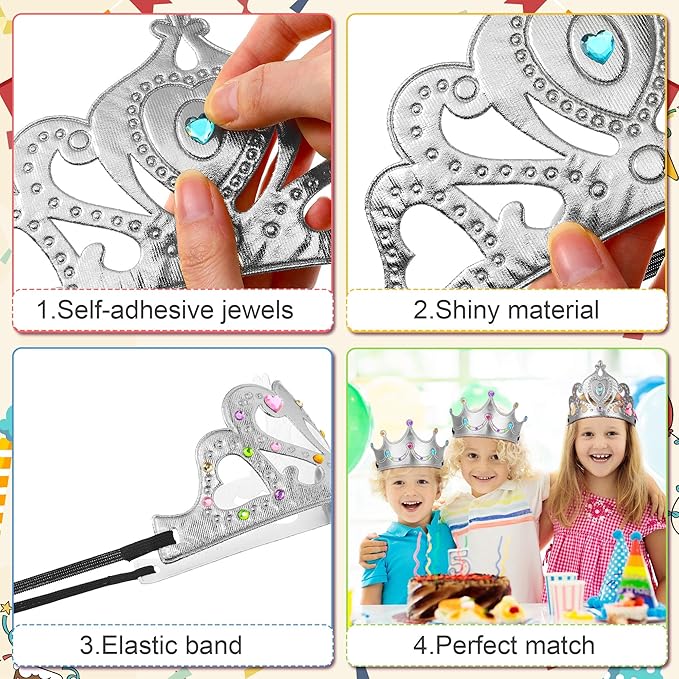 Yaomiao 66 Pieces Foam Princess Tiaras DIY Crowns Kids Party Favors Craft Crystal Diamond Sticker Making Your Own Tiara Girls(Silver)