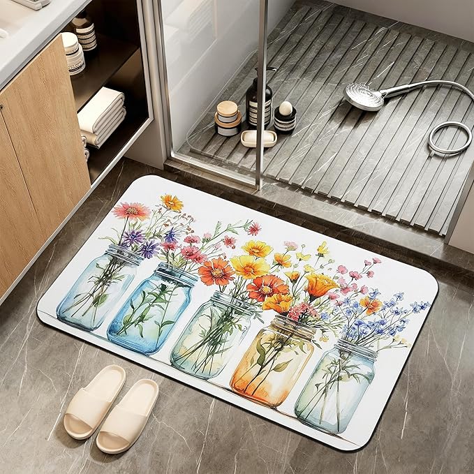 Color Floral Bath Mat,Diatomaceous Earth Bath Mat,Rubber Backing Quick Dry Absorbent Washable Bathroom Rugs for Tub Non Slip 17"x29.5"