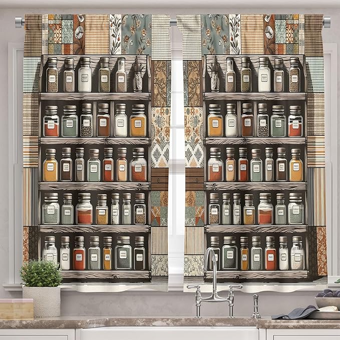 Ambesonne Boho Valance & Tier Curtain 3 pcs Set, Vintage Style Bohemian Pattern with Spices and Ethnic Patchwork Rectangles, Window Treatments for Kitchen Room Decor, 55" x 24", Taupe Grey Teal Orange
