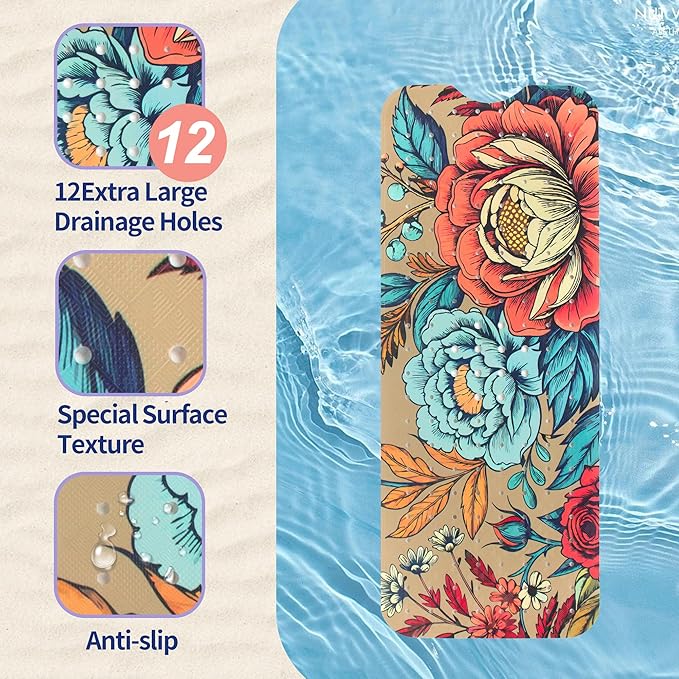 Bohemia Floral Bathtub Mat Non Slip for Kids 40x16in Extra Long Anti Slip Bath Mat for Tub Boho Flower Bath Shower Mat with Large Drain Holes and Suction Cups Vintage Plant Design Bathroom Decor
