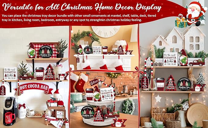 Christmas Tiered Tray Decor 8 PCS Xmas Decorations Indoor - Believe Merry Christmas Table Decor Wooden Signs - Xmas Farmhouse Decor 3 Tier or 2 Tier for Home Room Kitchen Mantel Holiday
