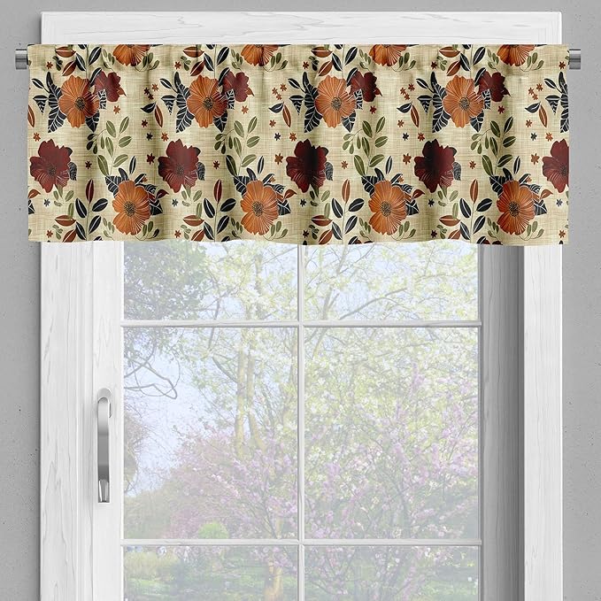 Ambesonne Floral Valance & Tier Curtain 3 pcs Set, Vintage Farmhouse Repetitive Flowers on Warm Tones on Brush Paint Back, Window Treatments for Kitchen Room Decor, 55" x 45", Maroon Amber Grey Yellow