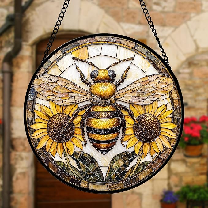 Stained Glass Window Hanging - Bee Sunflower Yellow Suncatcher Ready to Hang Window Doors Home Decoration and Christmas, Mother's Day Birthday Gifts for Women, Men, and Mom 6.3x6.3 in