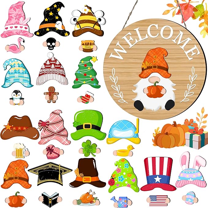 Veluckin Seasonal Gnome Wall Decor Set, 11.8 inch Autumn Wooden Round Sign with Interchangeable Holiday Hats, Thanksgiving Welcome Door Hanging (Light brown-3)