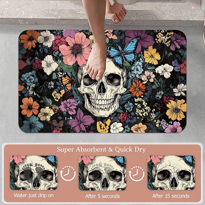 Abstract Skull Bathroom Rugs,Bath Mats for Bathroom,Mexican Skeleton Butterfly Low Pile Absorbent Bath Mat,Rubber Backing Non Slip Washable Thin Quick Dry Door Mat 17x29.5 Inch