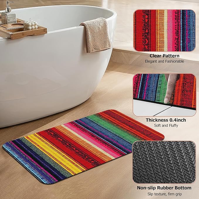 Mexican Bathroom Rugs,Bath Mats for Bathroom,Ethnic Stripes Rainbow Low Pile Absorbent Bath Mat,Rubber Backing Non Slip Washable Thin Quick Dry Door Mat 17x29.5 Inch