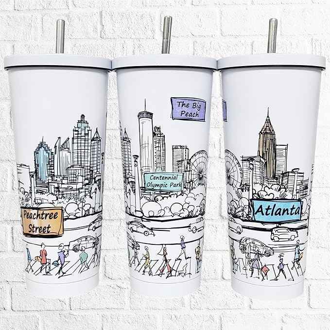 Cities Around the World 25 Oz Tumbler Series - Designed in the USA - Vacuum Insulated Tumbler with Lids & Straw - Stainless Steel Coffee Water Travel Mug, Cup for Hot Cold Drink (Atlanta)