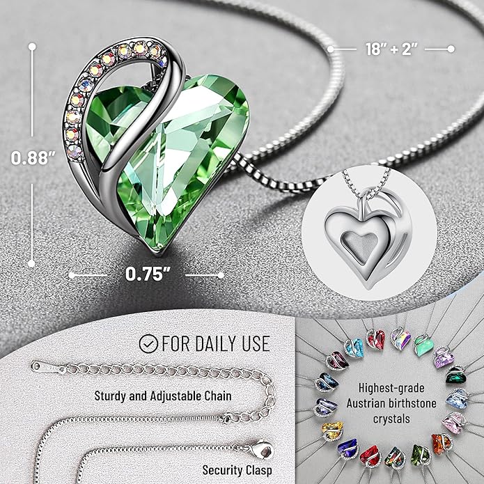 Leafael Valentine's Day Gift Necklaces for Women, Infinity Love Birthstone Heart Crystal Pendant, Birthday Anniversary Jewelry for Wife, Mom, and Her, Silver Plated, 18" + 2" Adjustable Chain