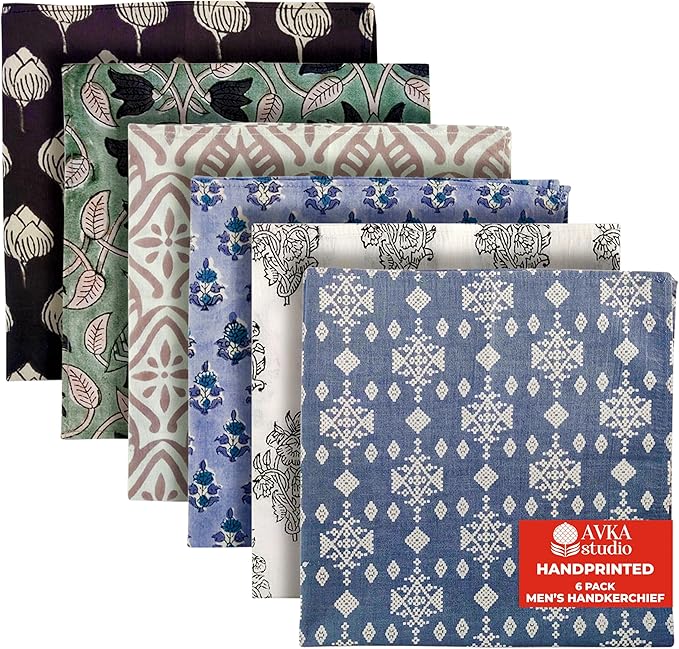 AVKA Studio Men's Handkerchiefs – 100% Cotton, 16x16 Soft Handcrafted Hankies for Men – Sweat Absorbing, Machine Washable, Thin & Lightweight - pack of 6
