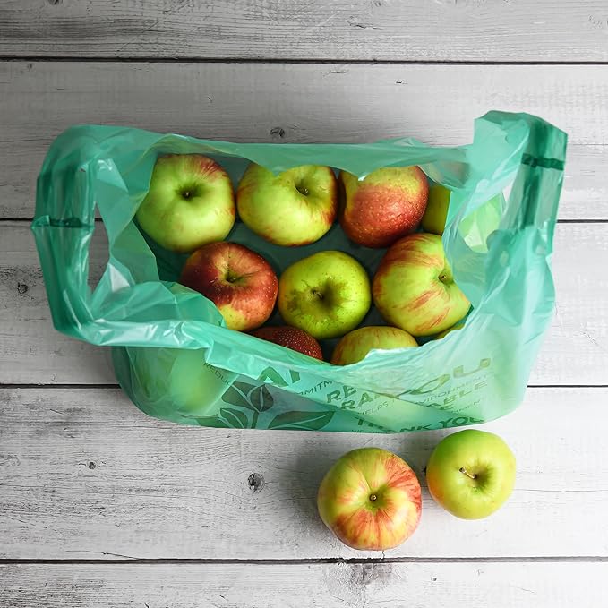 KitchenDine Eco Green Plastic Bags - 500 Count Biodegradable Shopping -Thank You - 22" x 12" Carry Out Bags. (500)