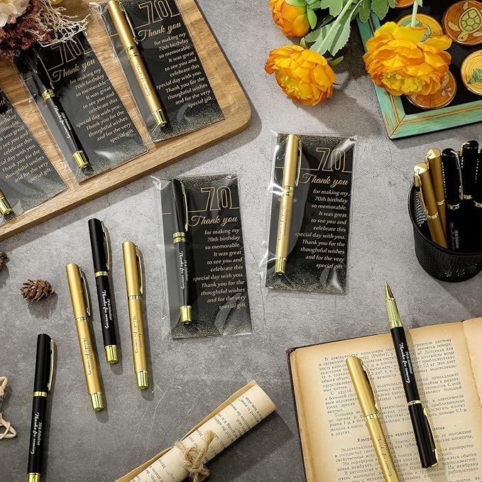 30 Set 70th Birthday Party Favor for Guest Anniversary Party Favor with Black and Gold Ballpoint Pens and Thank You Cards for Women Men Birthday Anniversary Appreciation Gifts