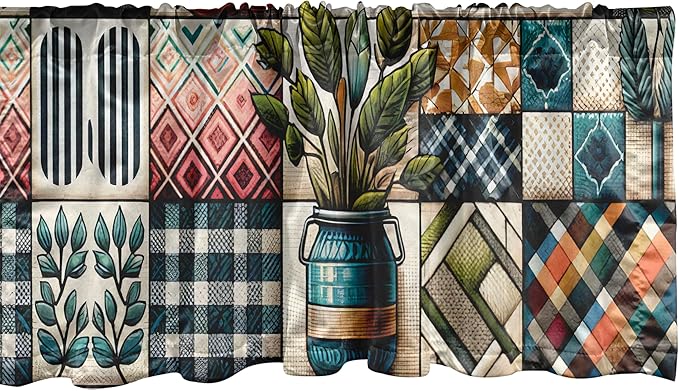 Ambesonne Bohemian Window Valance Pack of 2, Checkered Design Leafy Jar Illustration with Groovy Plaid Boho Modern, Rod Pocket Curtain Valances Kitchen Bedroom, 54" X 18",Teal Pink and Green