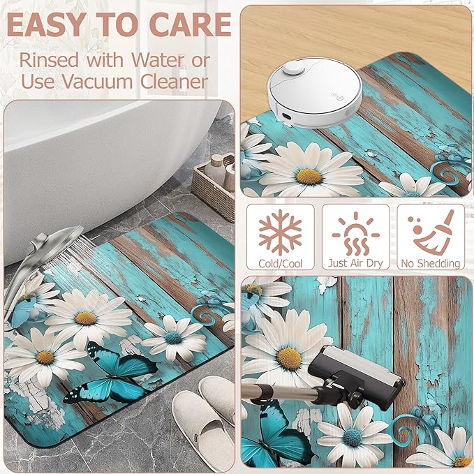 Diatomaceous Earth Bath Mat,White Daisy Bath Rugs,Vintage Wood Non-Slip Thin Absorbent Fast Drying Easy to Clean for Bathroom Laundry Home Kitchen Door Mat 17x29.5Inch
