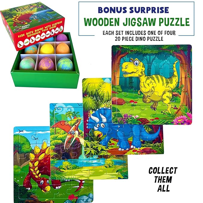 Bath Bombs for Kids with Surprise Toys Inside Plus Dinosaur Puzzle - Set of 9 Organic Dino Egg Bath Bombs, Gentle and Kids Safe, Fizzy Balls with Rich Bubbles, Birthday Gifts for Boys, Girls