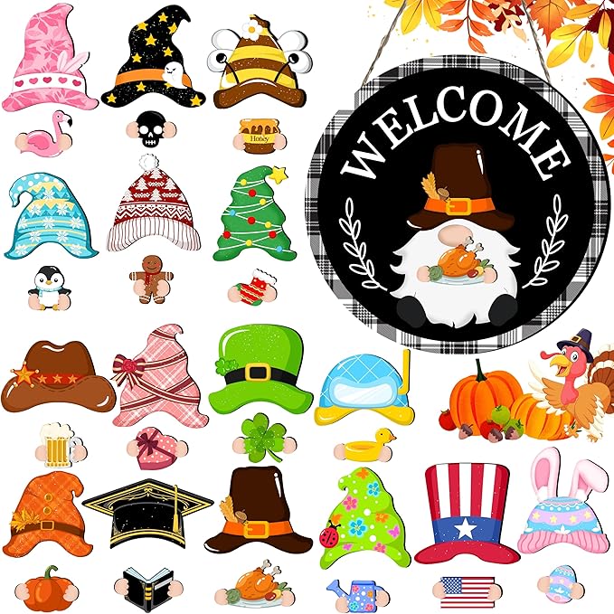 Seasonal Gnome Wall Decor Set, 11.8 inch Thanksgiving Wooden Round Sign with Interchangeable Holiday Hats, Autumn Welcome Door Hanging (Black-3)