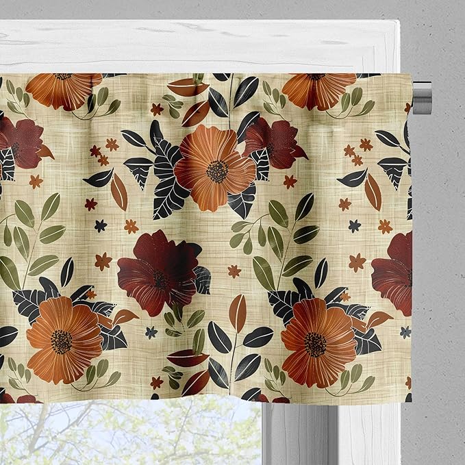 Ambesonne Floral Valance & Tier Curtain 3 pcs Set, Vintage Farmhouse Repetitive Flowers on Warm Tones on Brush Paint Back, Window Treatments for Kitchen Room Decor, 55" x 24", Maroon Amber Grey Yellow