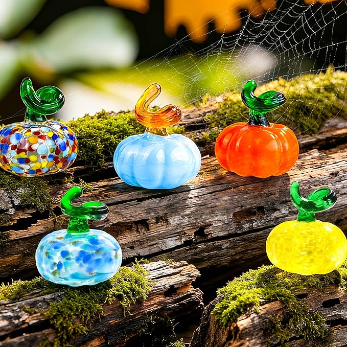 5pcs Small Blown Glass Pumpkin Figurine Collectible Halloween Thanksgiving Glass Pumpkin Paperweight Fall Harvest Decorations for Home(Colorful)
