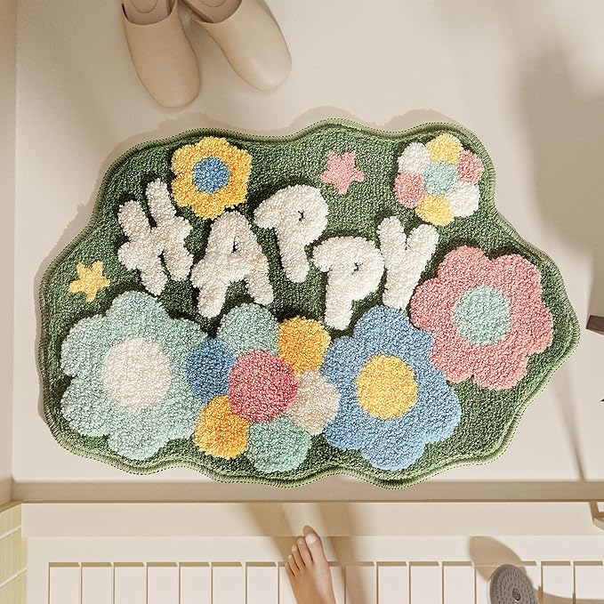 Ankah Shower Rug Bath Mat Forest Series Cartoon Design Bathroom Rug, Fluffy, Soft, Non-Slip, Durable, Absorbent Bath Rug, Irregular Plant Shaped Door Mat and Carpet, 17.7" x 29.5", Happy