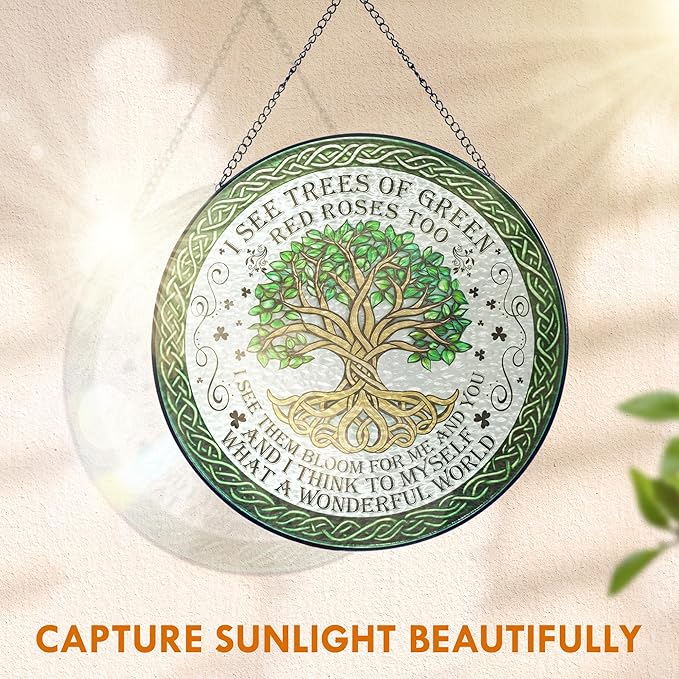 FLAGWIX Tree of Life Gifts for Women Men - Stained Glass Window Hanging 8 in - House Warming Birthday Gifts for Friend Family, Tree of Life Decor Suncatchers for Windows Hanging, Celtic Garden Decor