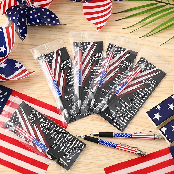100 Sets American Flag Ballpoint Pens Bulk USA Patriotic Themed Black Ink Retractable Pen Stars Stripes Bookmarks Stationery Easter Party Gifts for Home Office Army Veterans Souvenirs