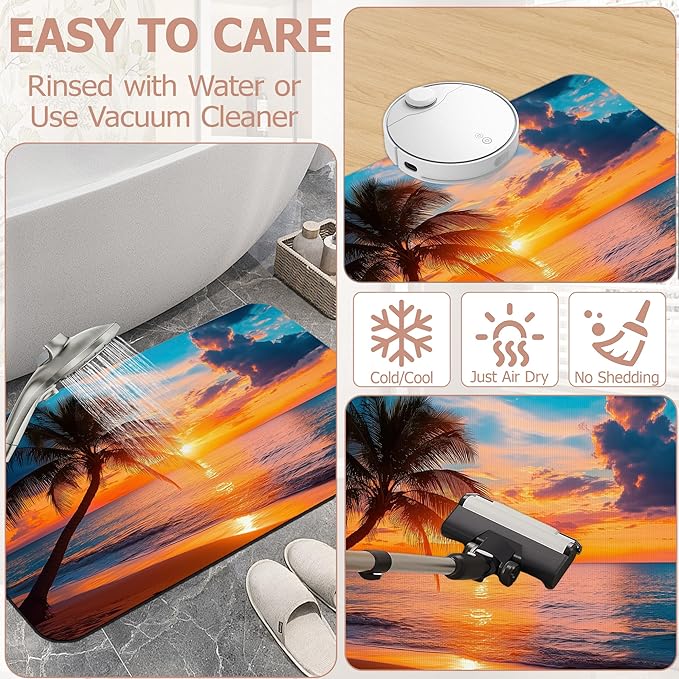 Tropical Palm Bathroom Rugs,Bath Mats for Bathroom,Sunset Sea Beach Low Pile Absorbent Bath Mat,Rubber Backing Non Slip Washable Thin Quick Dry Door Mat 17x29.5 Inch