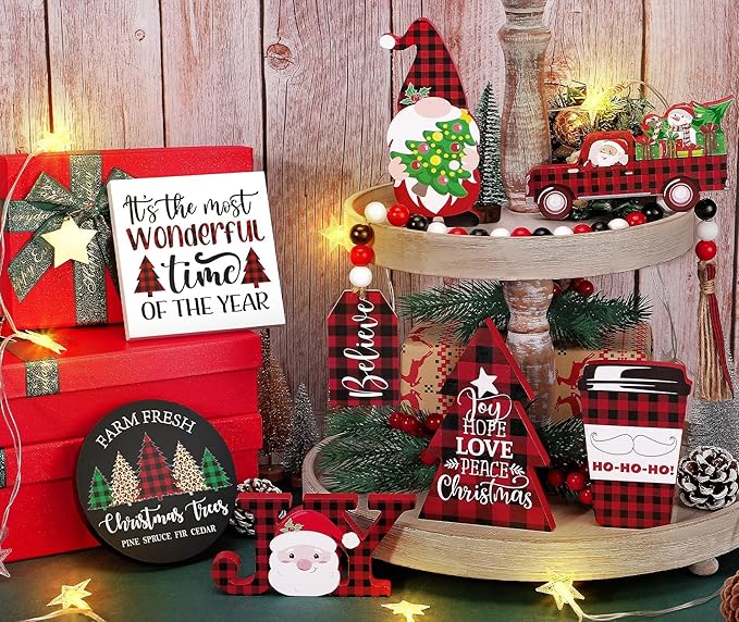 Christmas Tiered Tray Decor 8 PCS Xmas Decorations Indoor - Believe Merry Christmas Table Decor Wooden Signs - Xmas Farmhouse Decor 3 Tier or 2 Tier for Home Room Kitchen Mantel Holiday