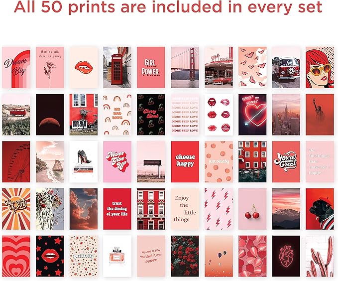 HAUS AND HUES Photo Collage Kit for Wall Aesthetic Decor Red Posters for Room Aesthetic, Red Wall Collage Kit, Aesthetic Wall Collage Kit Red Room Decor Prints, VCSO Decor (Set of 50)