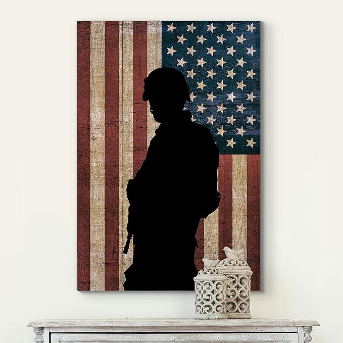 Renditions Gallery Canvas Figurative Wall Art Home Paintings Artwork Dark Veteran Silhouette Modern Black & White American Military Decorations for Office Bedroom Kitchen - 24"x32" LT25