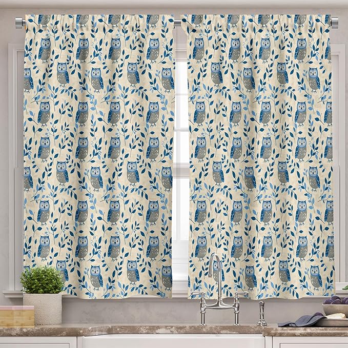 Ambesonne Bird Valance & Tier Curtain 3 pcs Set, Repetitive Whimsical Owls Silhouettes and Leaves on Plain Background Print, Window Treatments for Kitchen Room Decor, 55" x 45", Dark Sky Blue Beige
