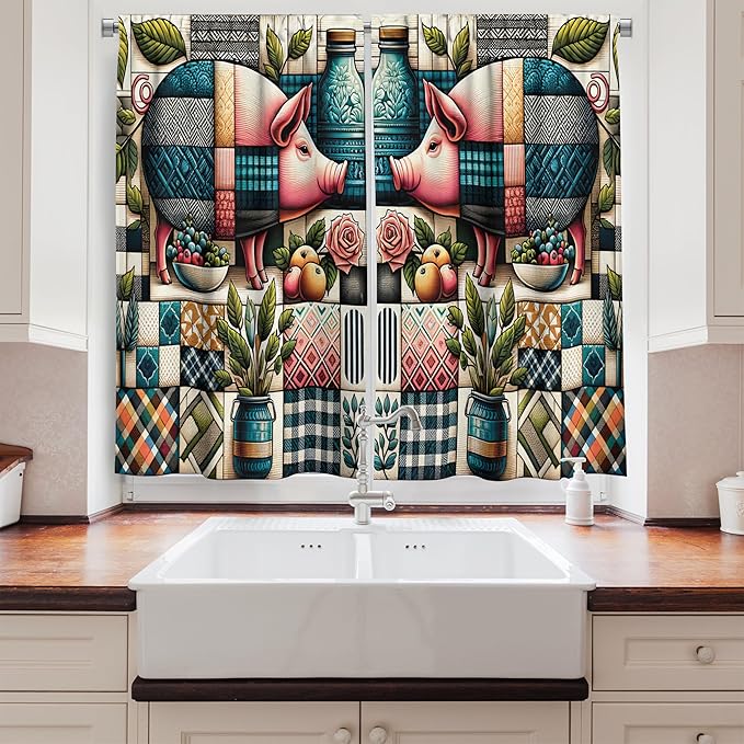 Ambesonne Farmhouse Kitchen Curtains, Art Expressionist Leafy Roses and Pigs and Plaid Geometric Details, Window Drapes 2 Panel Set for Kitchen Cafe Decor, 55" x 36", Teal Pink and Green