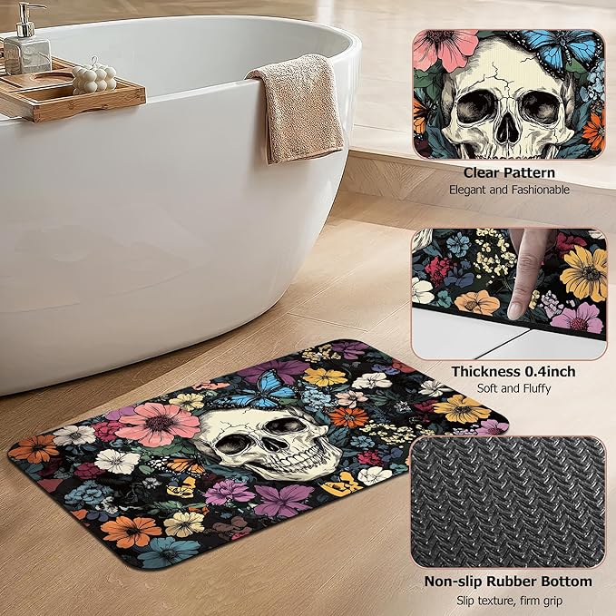 Abstract Skull Bathroom Rugs,Bath Mats for Bathroom,Mexican Skeleton Butterfly Low Pile Absorbent Bath Mat,Rubber Backing Non Slip Washable Thin Quick Dry Door Mat 17x29.5 Inch