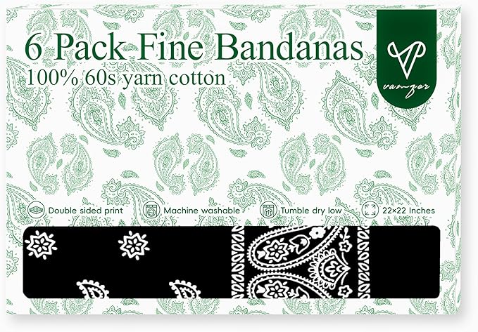 Vamqor Bandanas Gift Box 6 pack,Premium Super Soft 60s Cotton Paisley Bandannas Handkerchiefs for Men,Women and Kids