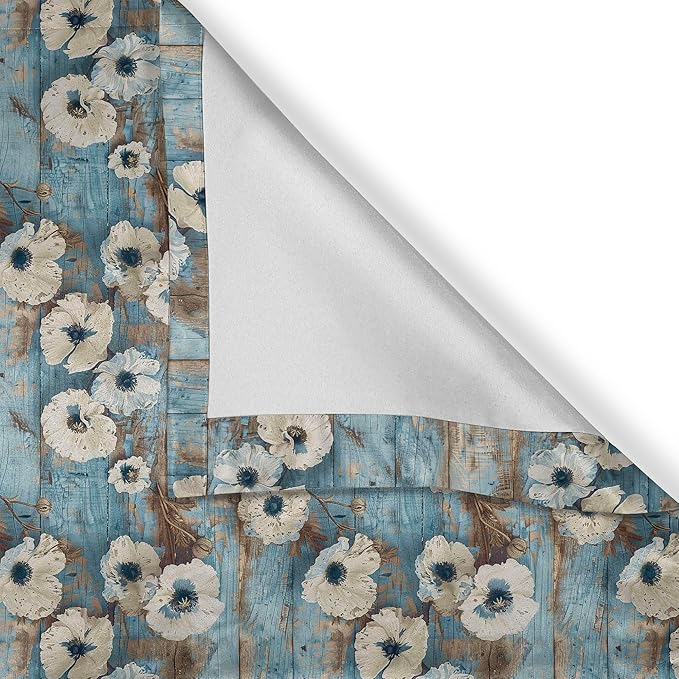 Ambesonne Floral Valance & Tier Curtain 3 pcs Set, Vintage Weathered Paint of Poppy Flowers on Vertical Wooden Planks, Window Treatments for Kitchen Room Decor, 55" x 45", Coconut Pale Blue and Dusk