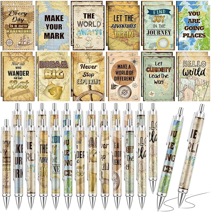 Eersida 48 Pcs Travel The Map Mini Notepad and Pen Set Travel Motivational Notepads with Quote Ballpoint Pens, 12 Styles